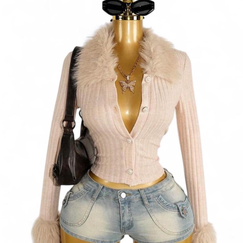 Faux Fur Collar Ribbed Cardigan